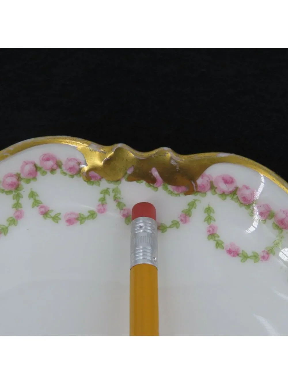 GOA Limoges Double Handle Plate 9.75in x 8.9in Pink Rose Floral Flower Swag Gold